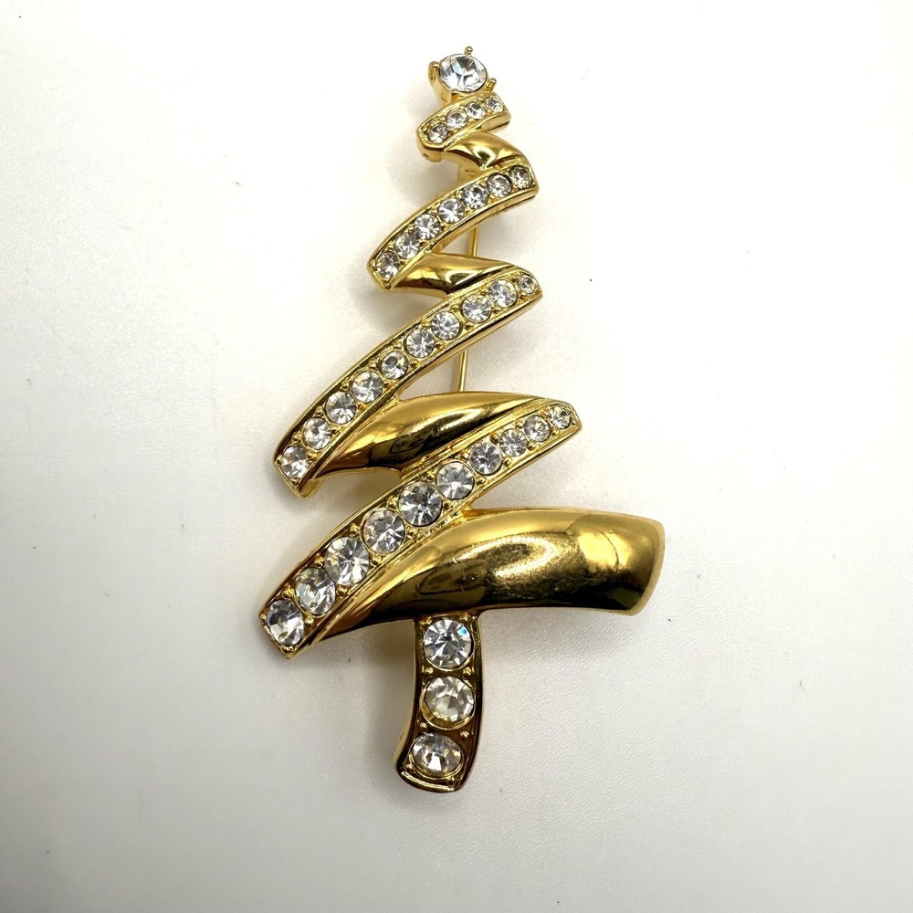 Monet Christmas‎ Tree Brooch Pin Gold Tone Rhinestone Holiday Jewelry Sparkly